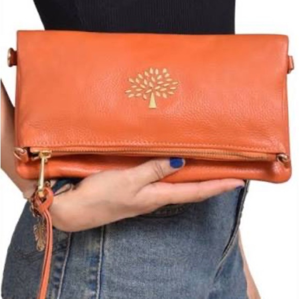Mulberry Orange Leather Crossbody Clutch with Gold Tree Logo